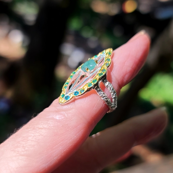 Emerald & Aquamarine Sterling & gold ring sz5 - Picture 5 of 7
